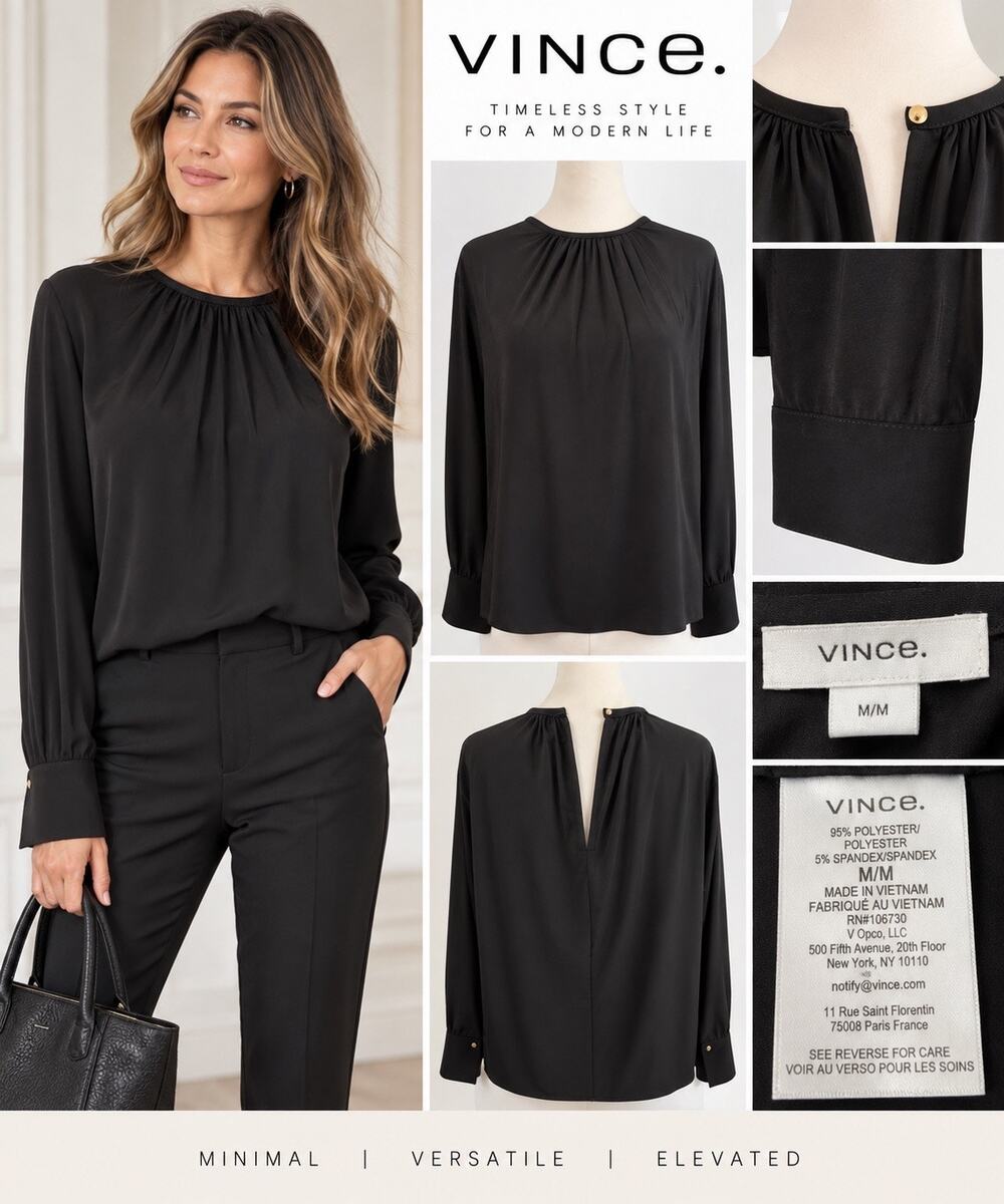 Vince Black Gathered Neck Blouse Long Sleeve Draped Career Top Size M NWT